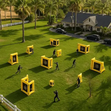 Players participating in an outdoor laser tag game with inflatable bunkers in Los Angeles