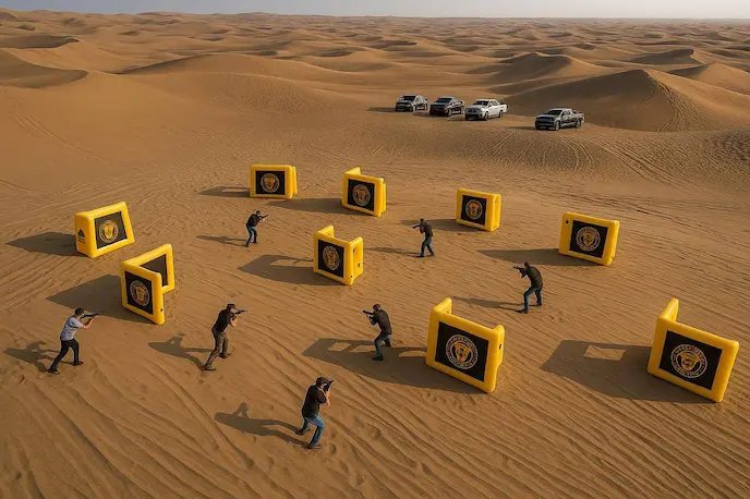 Players engaged in an outdoor laser tag game using inflatable bunkers in a desert landscape with sand dunes