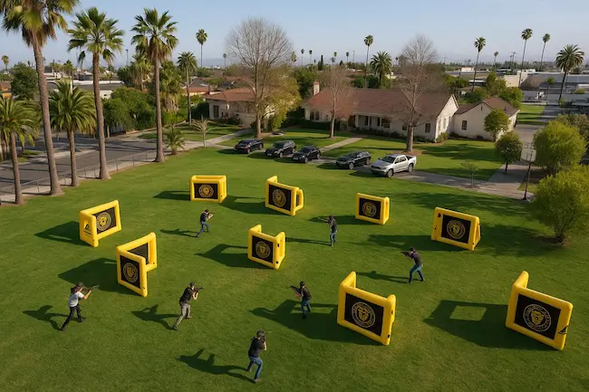 Players participating in an outdoor laser tag game with inflatable bunkers in Los Angeles