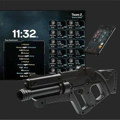 Laser tag game setup with interactive scoreboard, player stats, mobile app interface, and high-tech equipment used at Laser Tag Los Angeles locations including Santa Monica, Torrance, Glendale, Rancho Cucamonga, Simi Valley, Pasadena, and Orange County.